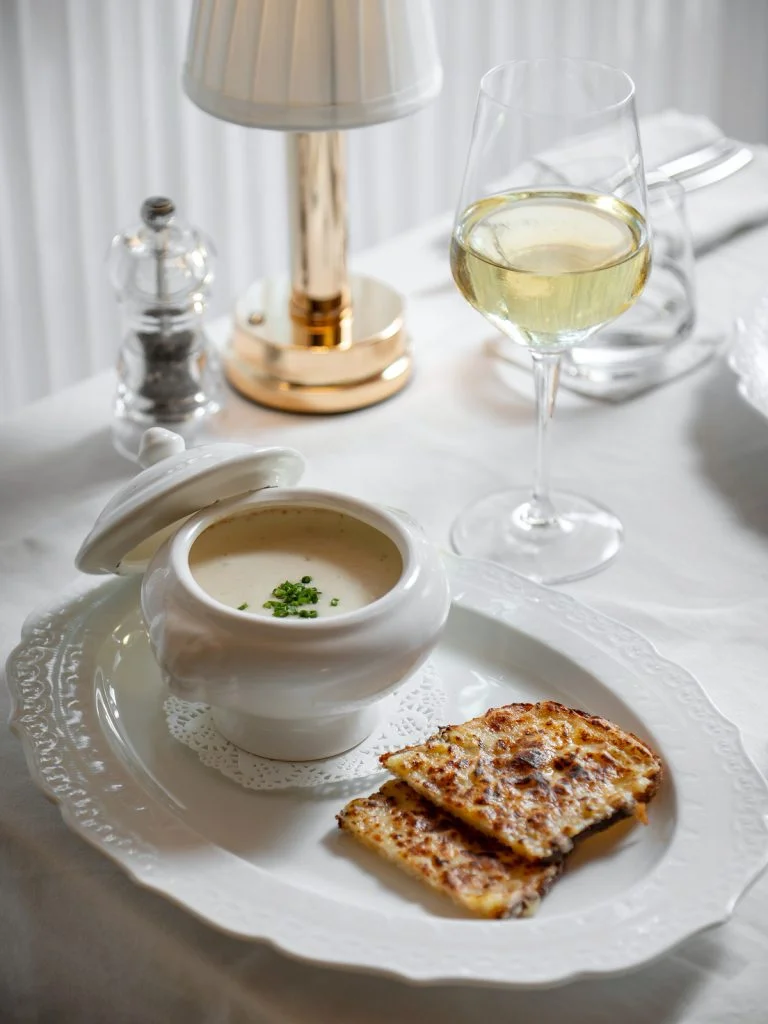 La Soupe à l’Oignon, French Onion Soup with Mornay espuma and a Tomme de Savoie crouton, at dinner at Gooseberry, Uluwatu