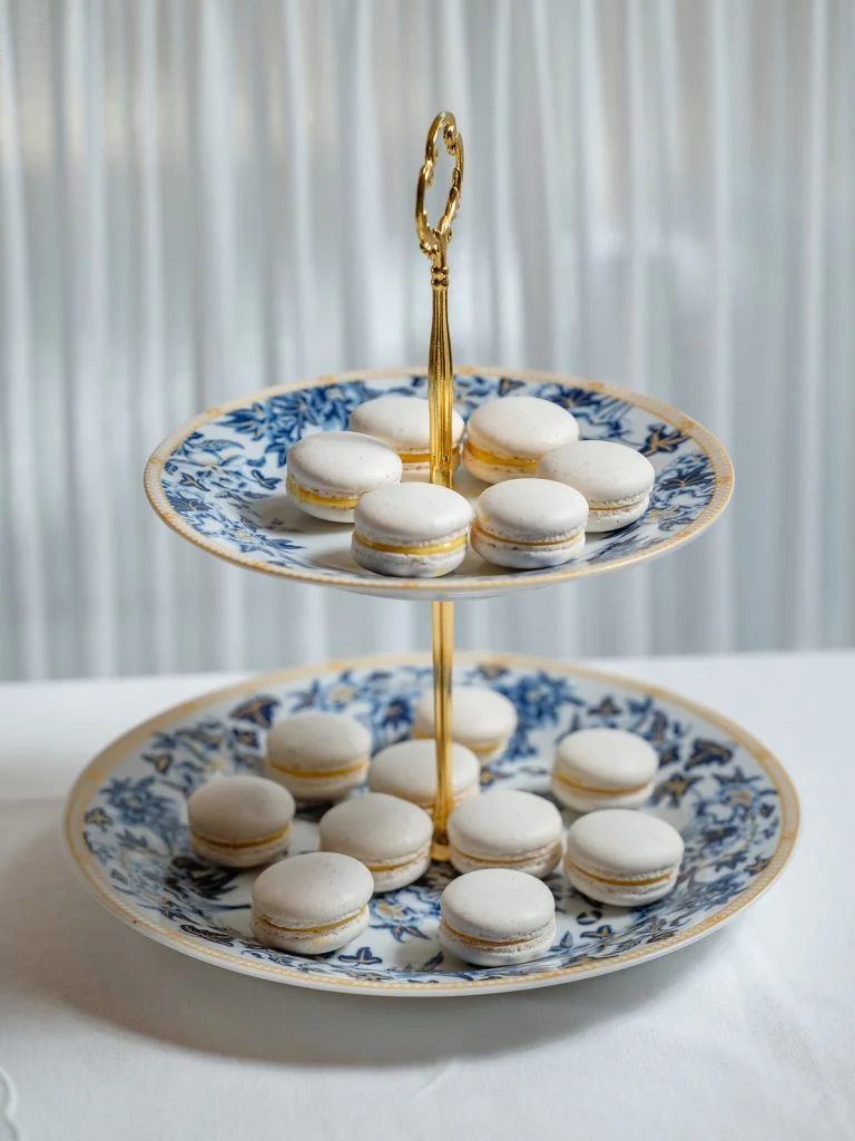 French macarons on a blue and gold two-tier stand, made in L’Atelier, the pâtisserie atelier at Gooseberry, Bingin, Uluwatu