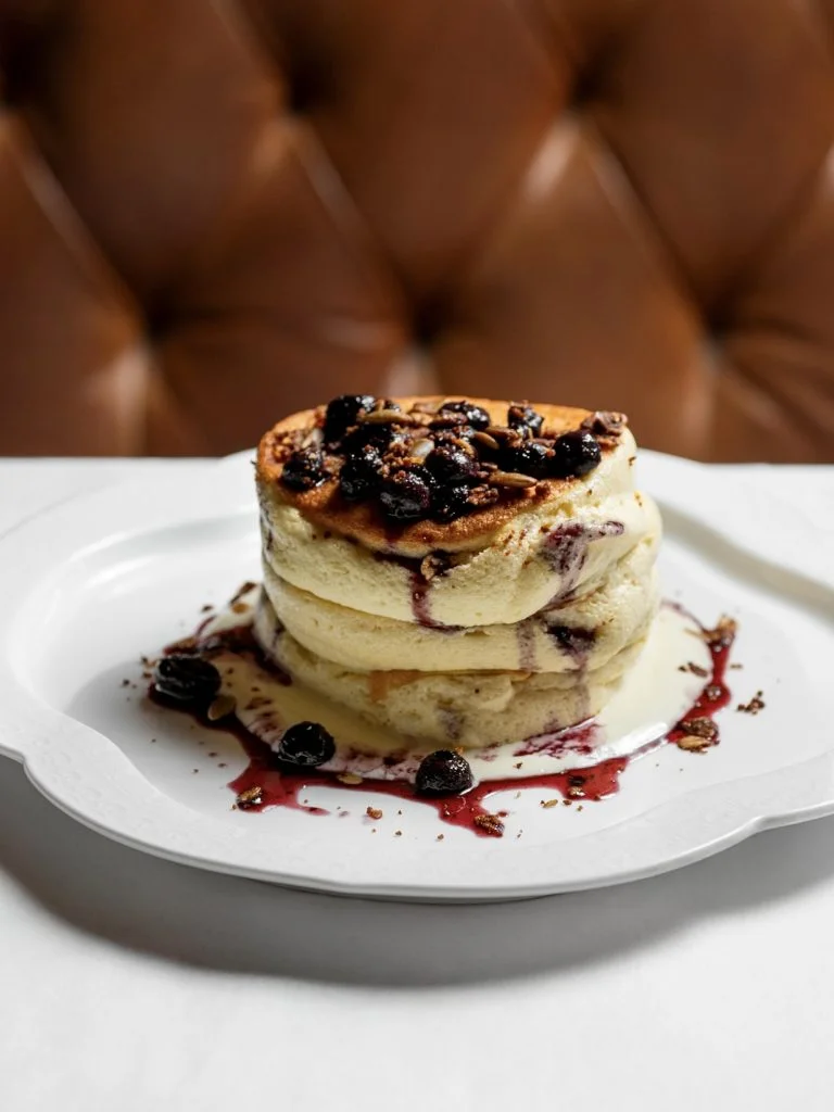 Pancakes Soufflés, Myrtille & Yaourt Vanillé, Blueberry Soufflé Pancakes with vanilla yogurt and oat crumble, at Gooseberry, Uluwatu