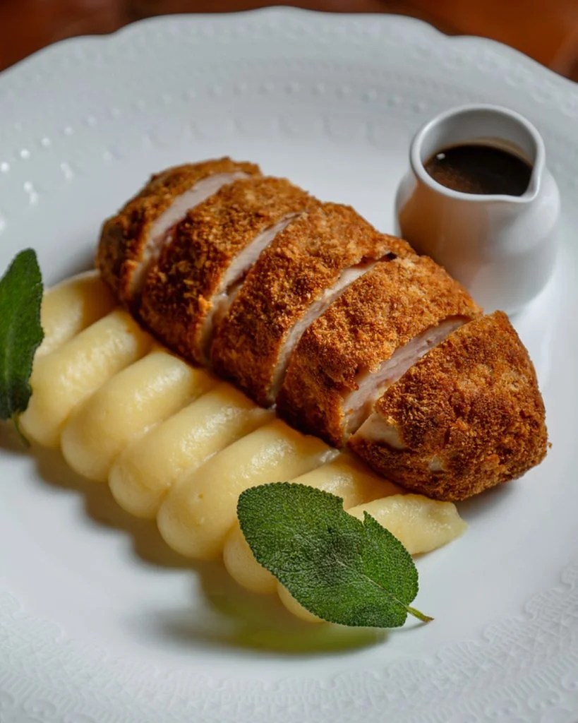Cordon Bleu de Volaille, a Chicken Cordon Bleu with Tomme de Savoie and creamy mashed potatoes, at Gooseberry, Uluwatu
