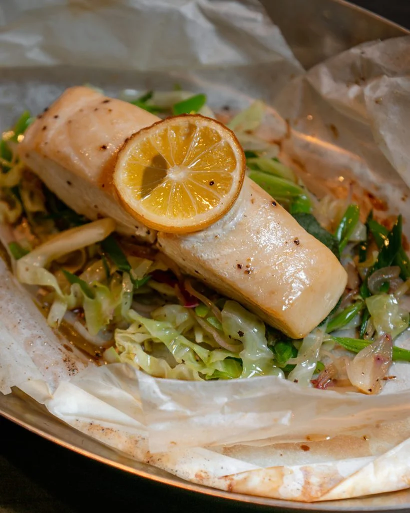 Filet d’Escolar en Papillote, Butterfish en Papillote with lemon butter, served for lunch at Gooseberry, Bingin, Uluwatu