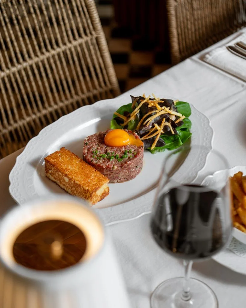 A French lunch at Gooseberry in Bingin, Uluwatu: Wagyu beef tartare with a glass of red wine and coffee
